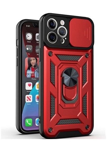 Apple iPhone 14 Pro Kılıf Kamera Korumalı Sürgülü Vega Yüzüklü Armor Military Tank Zırh Kırmızı