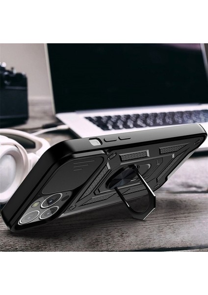Apple iPhone 14 Kılıf Kamera Korumalı Sürgülü Vega Yüzüklü Armor Military Tank Zırh Siyah fırsatları