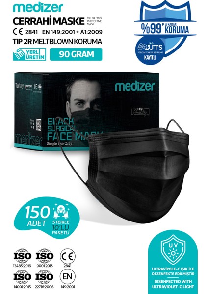 Medizer Meltblown Siyah Cerrahi Maske 150 Adet Burun Telli
