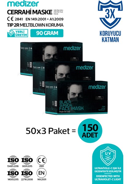 Medizer Meltblown Siyah Cerrahi Maske 150 Adet Burun Telli fırsatları