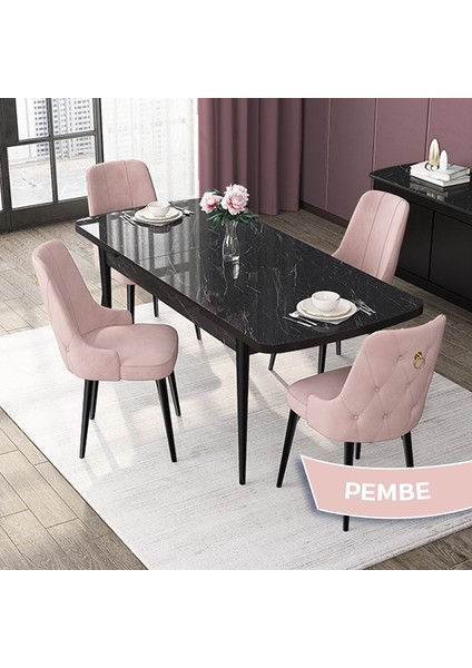 Concept Nex Serisi, Siyah Mermer 80 x 132 cm Mdf Mutfak Masası Takımı Metal Iskelet, 4 Sandalye Gold Halka fiyatları