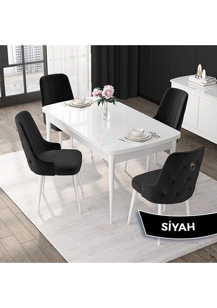 Concept Nex Serisi, Beyaz 80 x 132 cm Mdf Mutfak Masasıtakımı Metal Iskelet, 4 Sandalye Gold Halka
