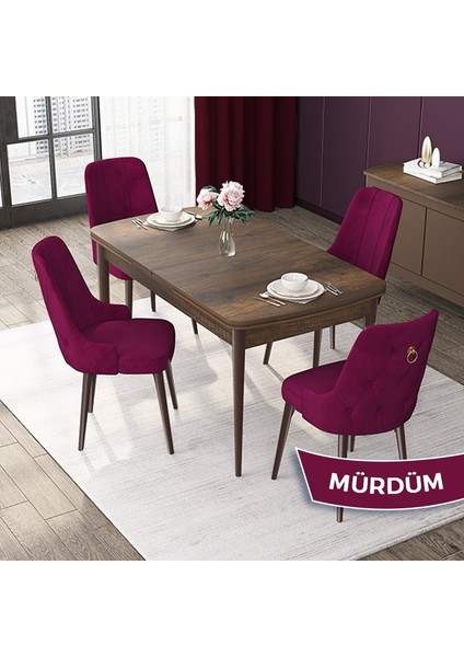 Concept Nex Serisi, Barok Ahşap Desen 80 x 132 cm Mdf Mutfak Masası Takımı Metal Iskelet, 4 Sandalye Gold Halka