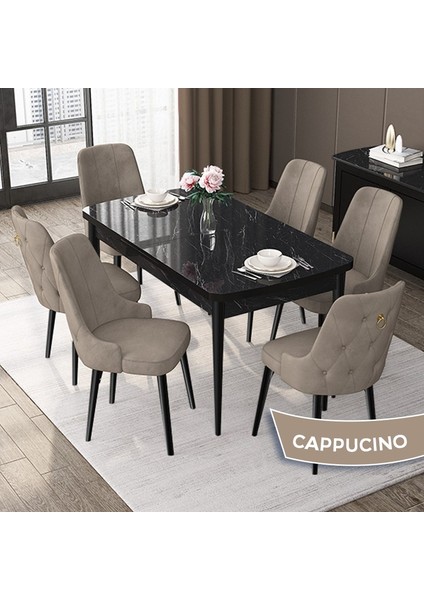 Concept Nex Serisi, Siyah Mermer 80 x 132 cm Mdf Mutfak Masası Takımı Metal Iskelet, 6 Sandalye Gold Halka
