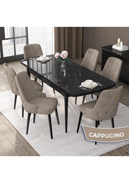 Concept Nex Serisi, Siyah Mermer 80 x 132 cm Mdf Mutfak Masası Takımı Metal Iskelet, 6 Sandalye Gold Halka fiyatları