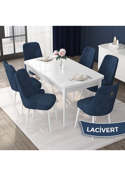 Concept Nex Serisi, Beyaz 80 x 132 cm Mdf Mutfak Masası Takımı Metal Iskelet, 6 Sandalye Gold Halka