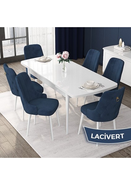 Concept Nex Serisi, Beyaz 80 x 132 cm Mdf Mutfak Masası Takımı Metal Iskelet, 6 Sandalye Gold Halka