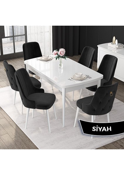 Concept Nex Serisi, Beyaz 80 x 132 cm Mdf Mutfak Masası Takımı Metal Iskelet, 6 Sandalye Gold Halka