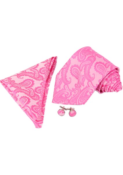 Resmi Beyler Erkek Jakard Dokuma Polyester Kravat Kravat+Hanky+Cufflink Seti Pembe
