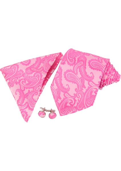 Resmi Beyler Erkek Jakard Dokuma Polyester Kravat Kravat+Hanky+Cufflink Seti Pembe