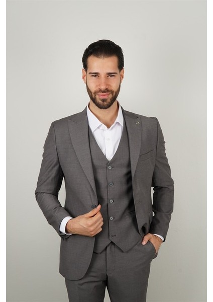 Slim Fit Gri Takım Elbise Kendinden Desenli