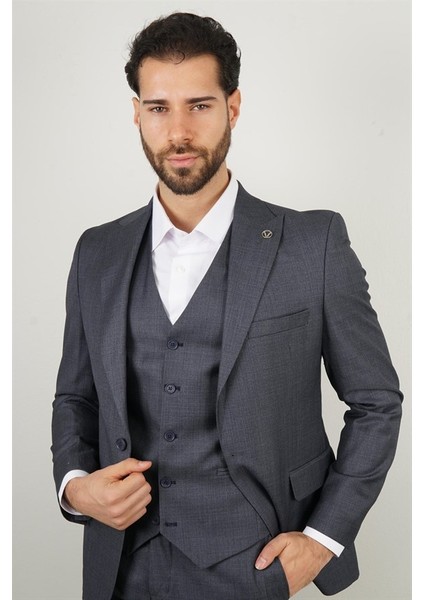 Slim Fit Mavi Takım Elbise Kendinden Desenli