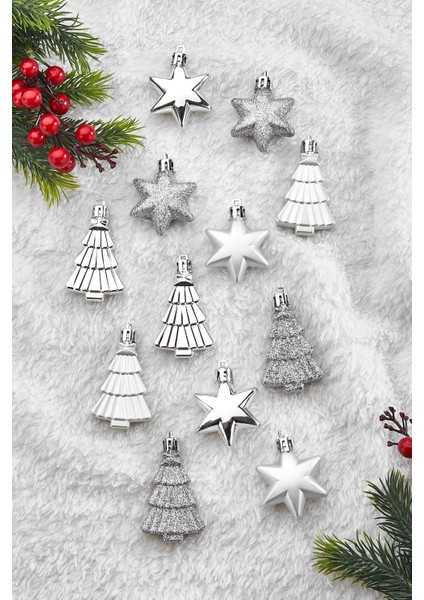 12LI Yıldız ve Ağaç Figürlü Yılbaşı Süsü Gümüş