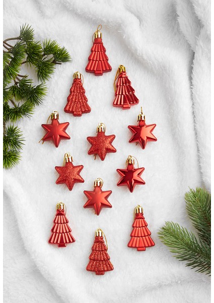12LI Yıldız ve Ağaç Figürlü Yılbaşı Süsü Kırmızı