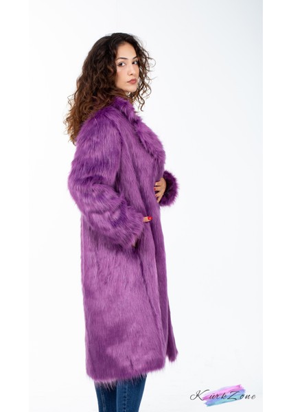 Kadın, Fuşya, Ingiliz Yaka Cepli Tilki Kürk Manto