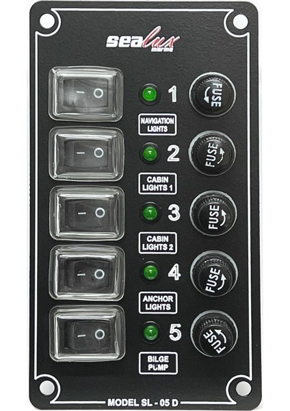 Sealux Marine 5 Anahtarlı Switch Dikey Panel 12-24v Sigorta Paneli