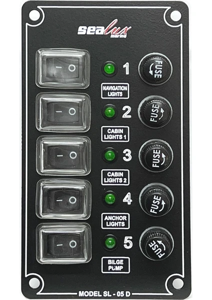 Sealux Marine 5 Anahtarlı Switch Dikey Panel 12-24v Sigorta Paneli