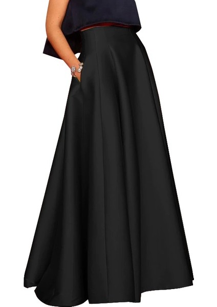 Kadın Siyah Cepli Yüksek Bel Maxi Uzun A-Line Saten Etek