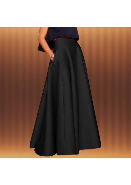 Kadın Siyah Cepli Yüksek Bel Maxi Uzun A-Line Saten Etek fiyatları