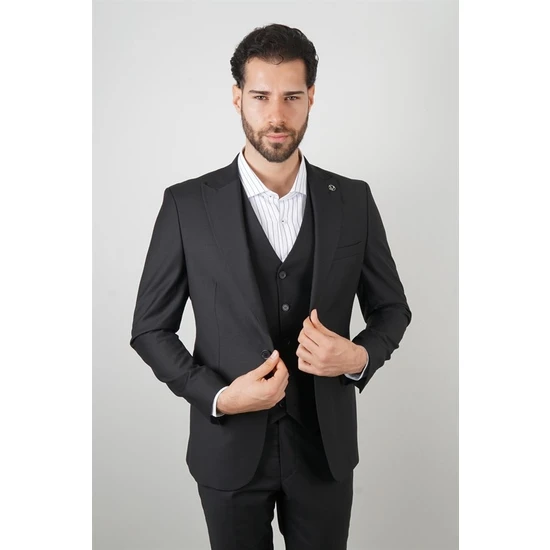 Maserto Slim Fit Siyah Takım Elbise Düz Desenli