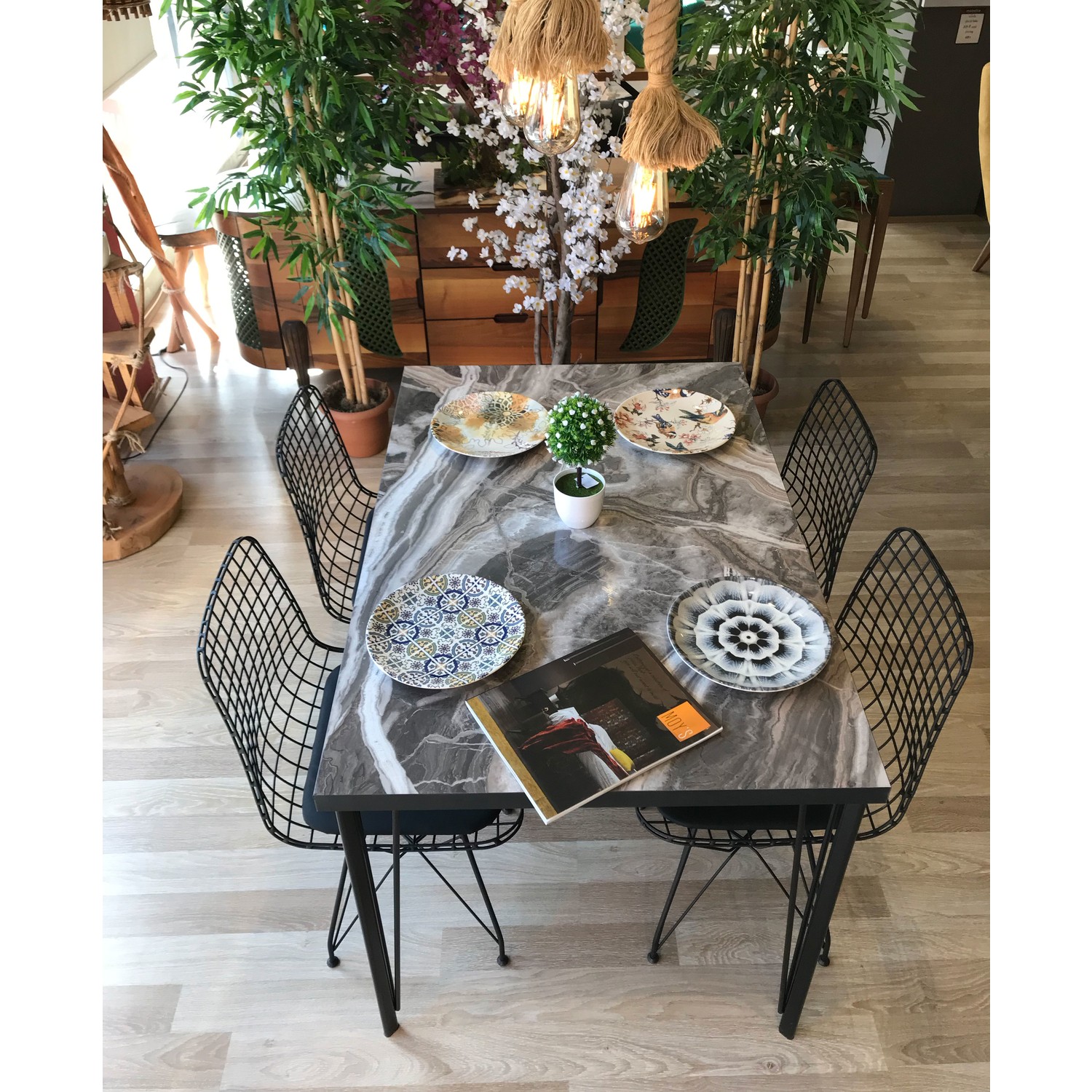 Te Home Taş Mermer Desenli 110 cm Masa Takımı Dört Sandalye Fiyatı