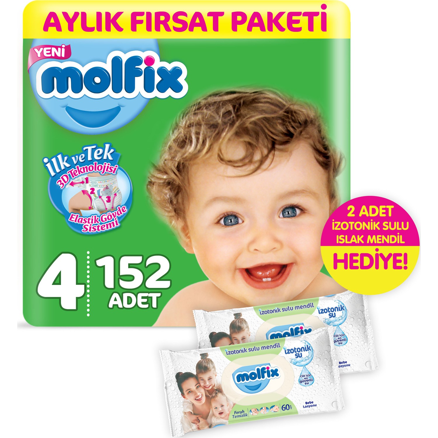 Molfix 3D Maxi 152 Adet Bebek Bezi + 2 Adet İzotonik Sulu Fiyatı