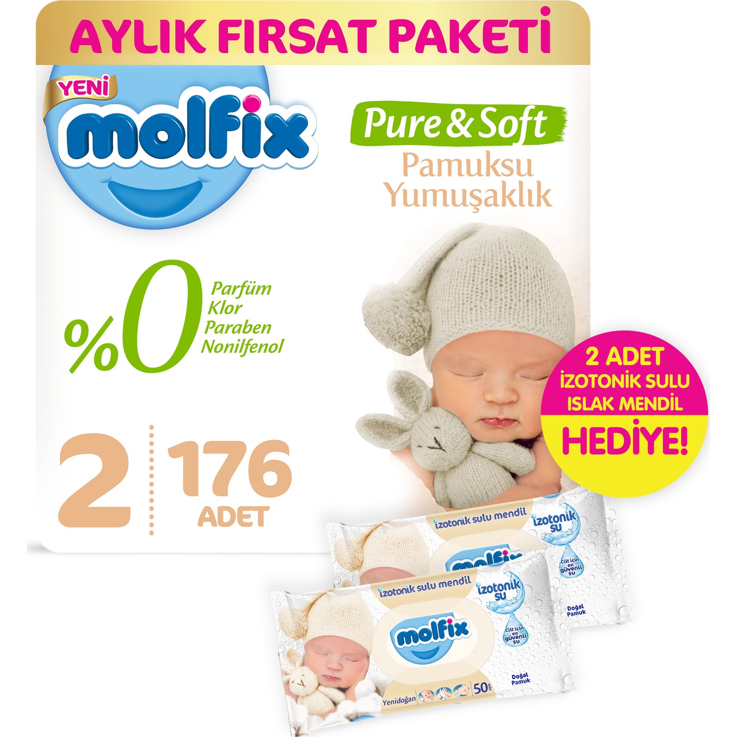 Molfix Pure and Soft Bebek Bezi Mini 176 Adet + 2 Adet Fiyatı