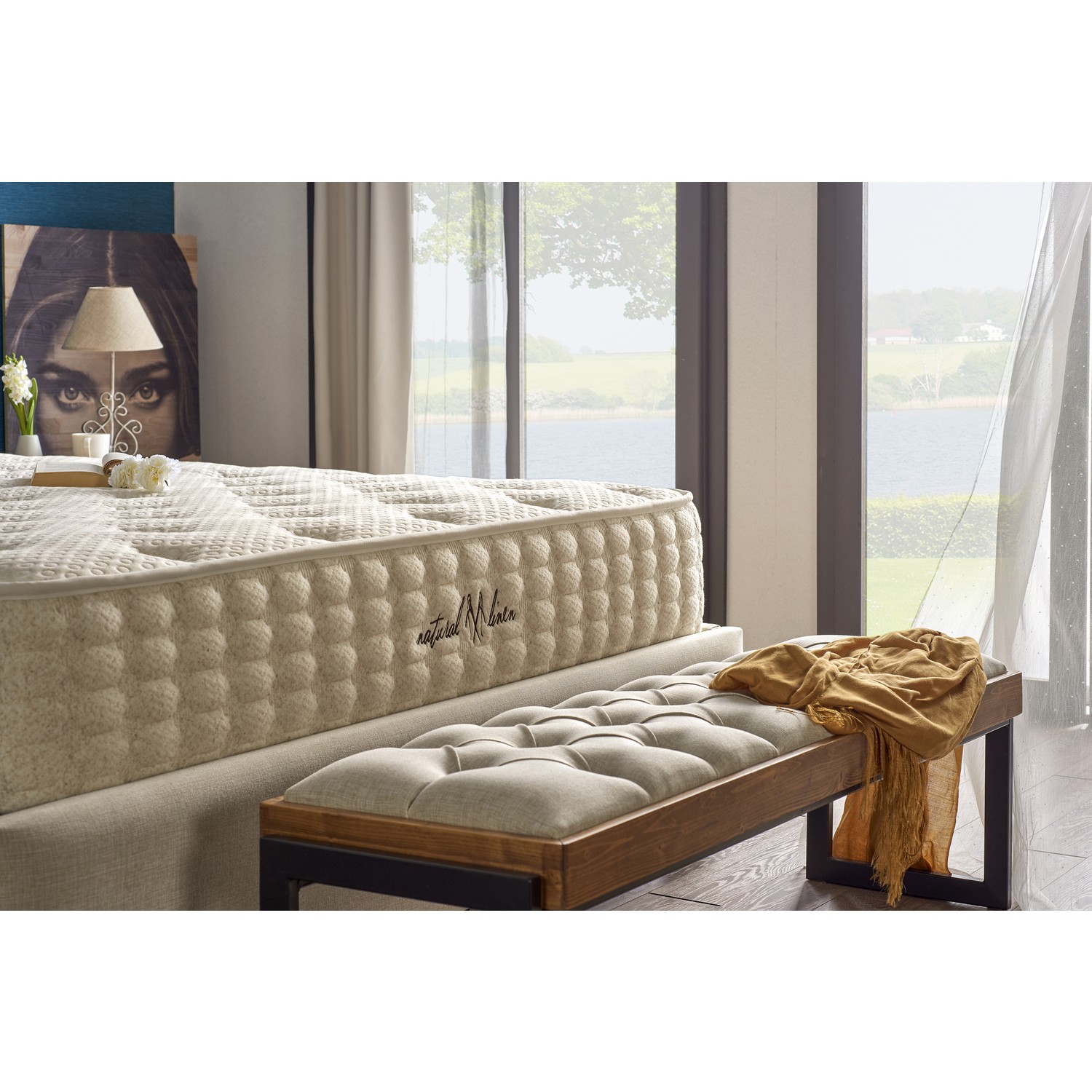 Serabed Natural Linen Full Yaylı Yatak Örme Keten Kumaşlı