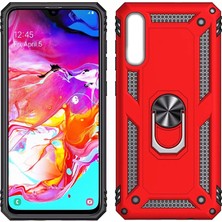 LionTech Samsung Galaxy A10 Kılıf Zırh Koruma Yüzüklü Standlı Armor Silikon Kapak + Ekran Koruma Kırmızı