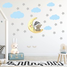 Tilki Dünyası Uyuyan Ayıcık Gri Yıldızlar ve Mavi Bulutlar Dekoratif Bebek Çocuk Odası Duvar Sticker