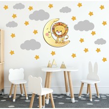 Tilki Dünyası Sevimli Aslan Sarı Yıldızlar ve Gri Bulutlar Dekoratif Bebek Çocuk Odası Duvar Sticker