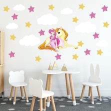 Tilki Dünyası Beyaz Bulutlar Unicorn ve Sevimli Prenses Çocuk Odası Sticker