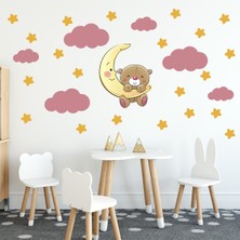 Tilki Dünyası Sevimli Ayıcık Sarı Yıldızlar ve Pembe Bulutlar Dekoratif Bebek Çocuk Odası Duvar Sticker