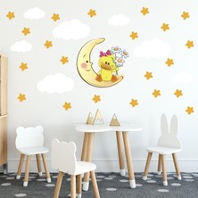 Tilki Dünyası Sevimli Ördek Sarı Yıldızlar ve Beyaz Bulutlar Dekoratif Bebek Çocuk Odası Duvar Sticker