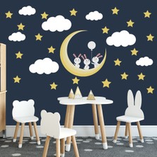 Tilki Dünyası Sevimli Tavşanlar Sarı Yıldız ve Beyaz Bulut Bebek Çocuk Odası Sticker