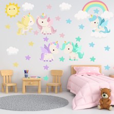 Tilki Dünyası Rengarenk Unicornlar Gökkuşağı Güneş ve Yıldızlar