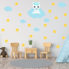 Tilki Dünyası Mavi Bulut Üzerinde Sevimli Unicorn 2 Mavi Bulutlar ve Sarı Yıldızlar
