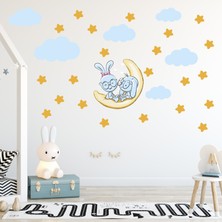 Tilki Dünyası Sevimli Tavşanlar Sarı Yıldızlar ve Mavi Bulutlar Dekoratif Bebek Çocuk Odası Duvar Sticker