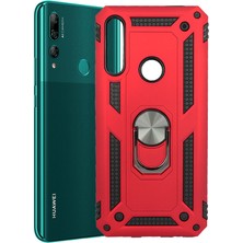 Case 4U Honor 9X - Huawei Y9 Prime 2019 Kılıf Çift Katmanlı Yüzüklü Manyetik Vega Kapak Kırmızı