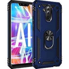 Tekno Grup Huawei Mate 20 Lite Kılıf Yüzüklü Standlı Manyetik Vega Kapak - Lacivert + Tam Kaplayan 6D Nano Ekran Koruyucu