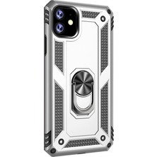 Case Street Apple iPhone 11 Kılıf Çift Katmanlı Yüzüklü Tank Vega Koruma + Nano Glass Gümüş