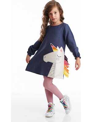 Denokids Renkli Unicorn Kız Çocuk Dokuma Elbise