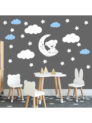 Tilki Dünyası Sevimli Beyaz Ayıcık Beyaz Yıldızlar ve Mavi Bulutlar Dekoratif Bebek Çocuk Odası Duvar Sticker