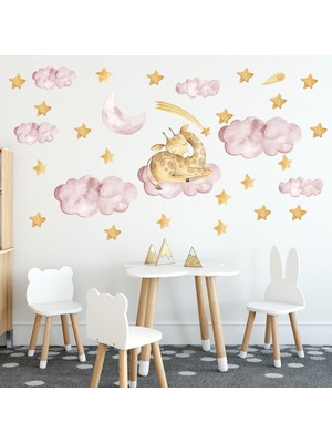 Tilki Dünyası Bulut Üzerinde Uyuyan Yavru Zürafa Yıldızlar Pembe Bulutlar Çocuk Odası Sticker