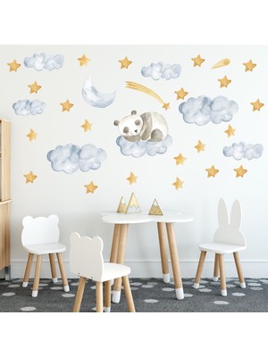 Tilki Dünyası Bulut Üzerinde Uyuyan Panda Yıldızlar Mavi Bulutlar Çocuk Odası Sticker