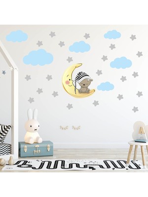Tilki Dünyası Uyuyan Ayıcık Gri Yıldızlar ve Mavi Bulutlar Dekoratif Bebek Çocuk Odası Duvar Sticker