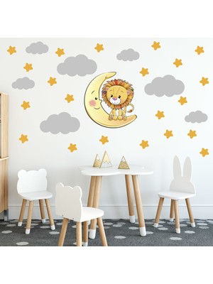 Tilki Dünyası Sevimli Aslan Sarı Yıldızlar ve Gri Bulutlar Dekoratif Bebek Çocuk Odası Duvar Sticker