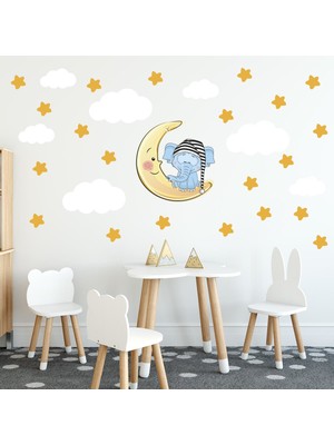 Tilki Dünyası Uyuyan Fil Yıldızlar ve Beyaz Bulutlar Dekoratif Bebek Çocuk Odası Duvar Sticker