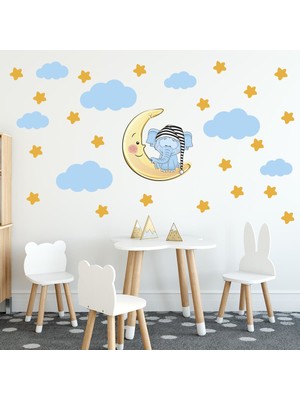 Tilki Dünyası Uyuyan Fil Yıldızlar ve Bulutlar Dekoratif Bebek Çocuk Odası Duvar Sticker