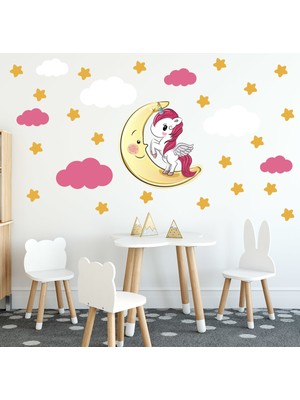 Tilki Dünyası Sevimli Unicorn Sarı Yıldızlar ve Fuşya ve Beyaz Bulutlar Sticker